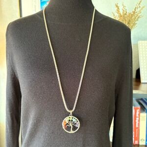 Silver Tone Tree of Life Pendant Long Necklace Adjustable Chain